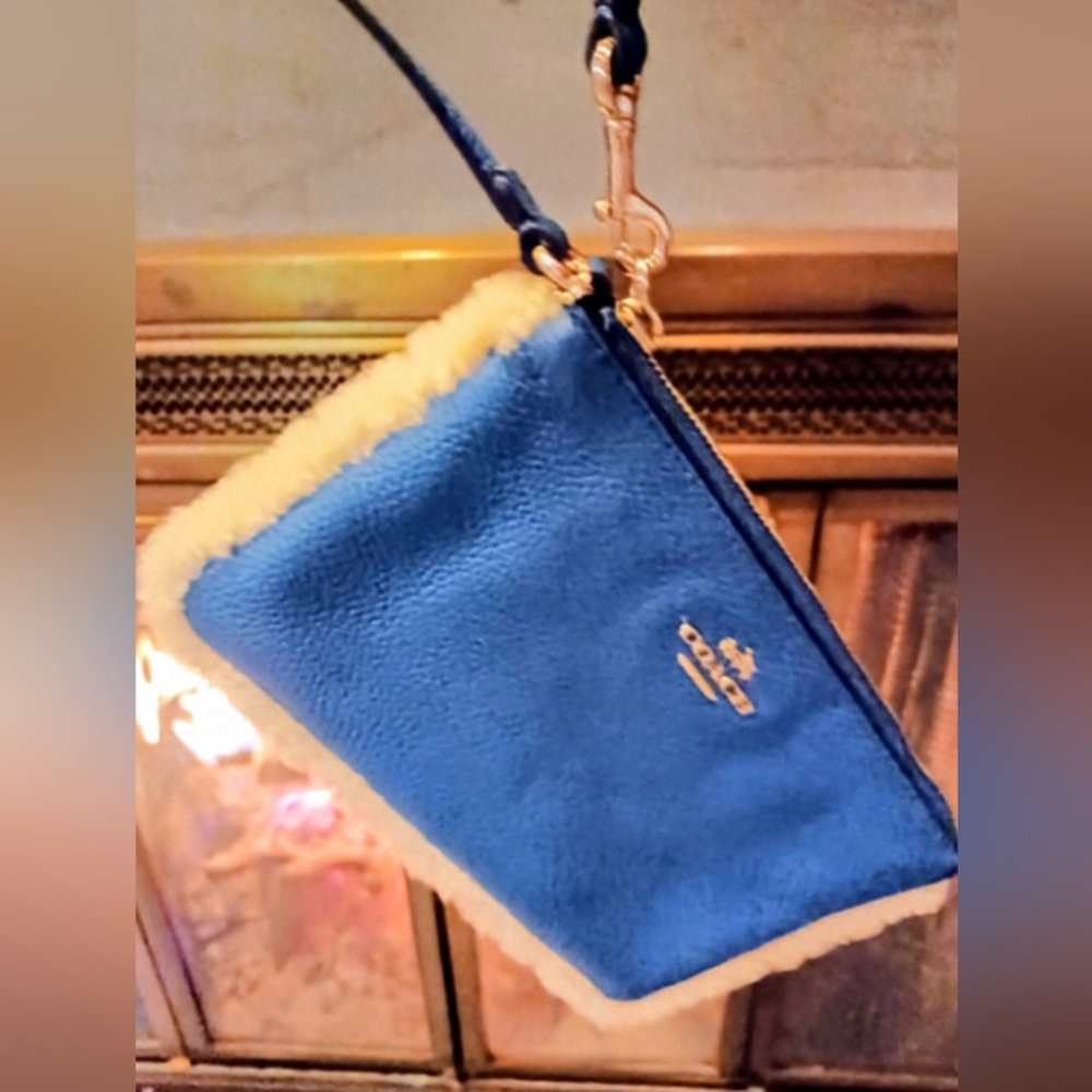 Coach Denim Blue and Ecru Shearling Trimmed Wristlet - Picture 3 of 4